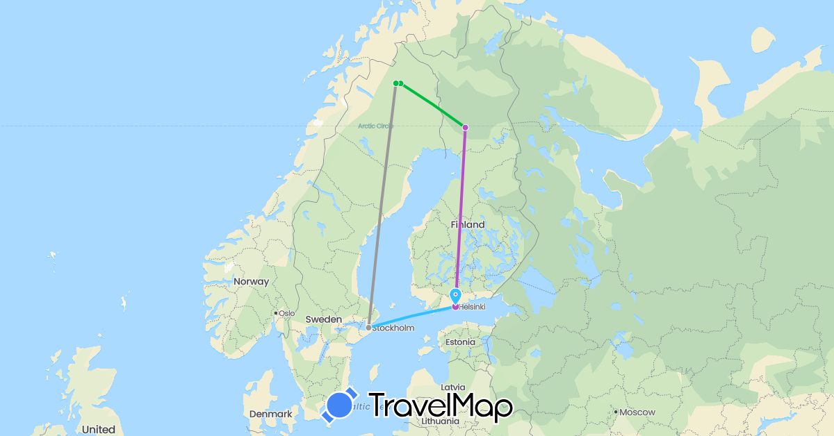 TravelMap itinerary: driving, bus, plane, train, boat in Finland, Sweden (Europe)